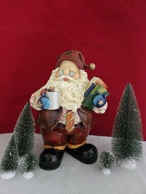 Holiday Santa Figurine in Plaid Shirt, Red Pants & Vest, Books, Cup W/ Supplies